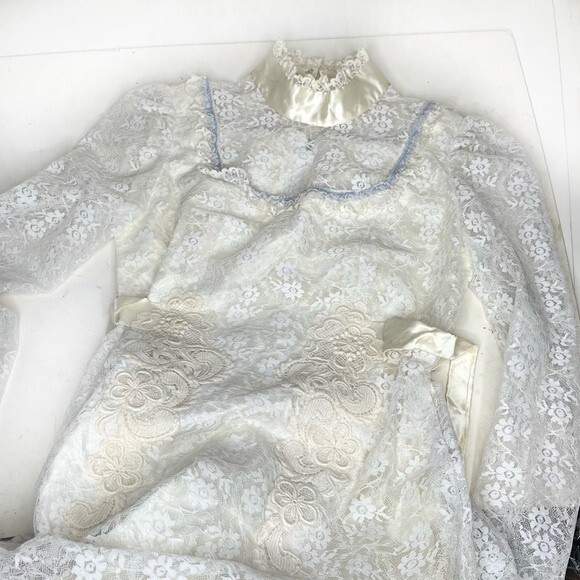 HANDMADE Long White Dress Gown Lace No Size Fits XS VINTAGE - Picture 8 of 10
